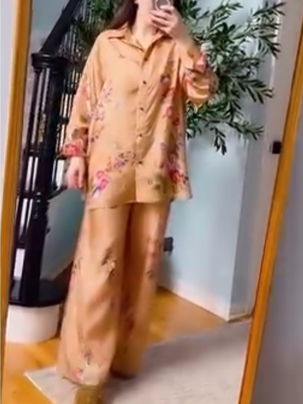 Zimmermann Tan Floral Wide Leg Satin Pants Set